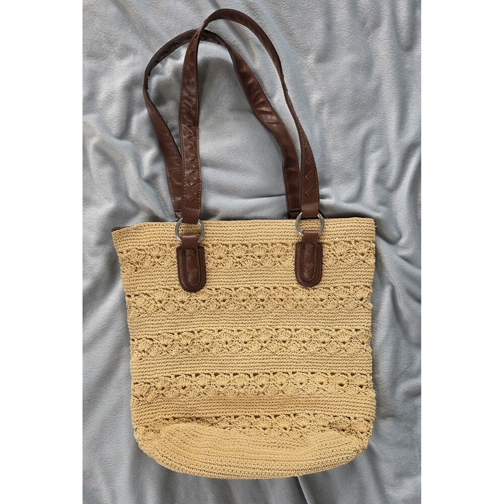 Jaclyn Smith Ivory Cream Beige Crochet Tote Bag Faux Brown Leather Straps Summer